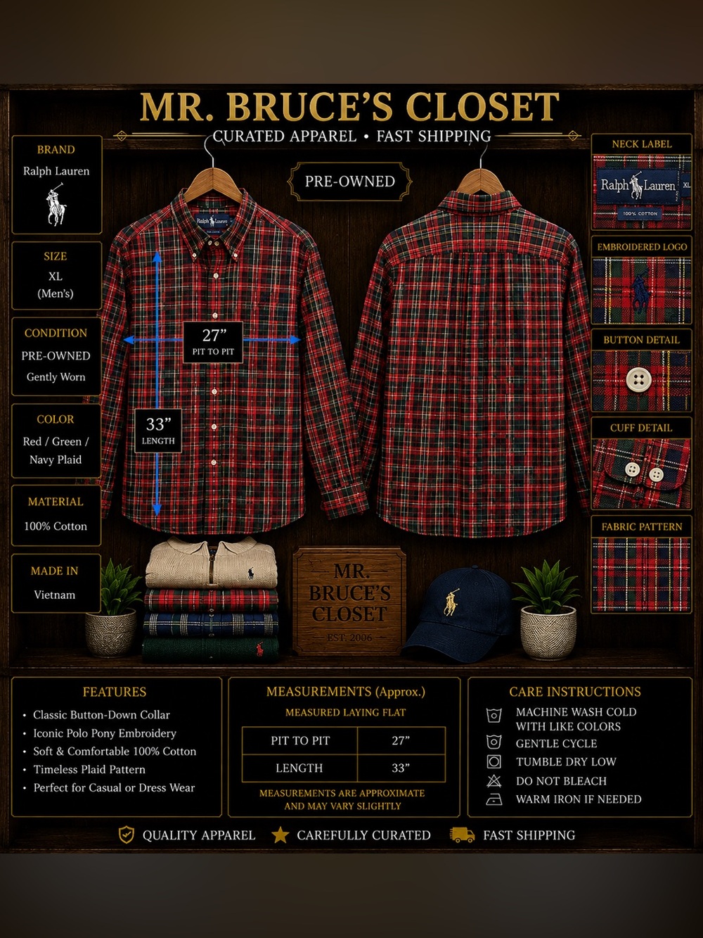 Ralph Lauren Red Green Navy Plaid Button-Down Shirt